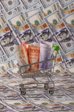 Latin Amerika ülkelerinden banknotlar - Meksika, Venezuela ve Arjantin - minyatür bir alışveriş arabasında 100 dolarlık banknotlara karşı