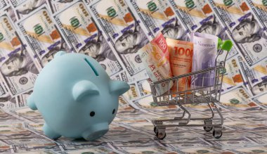 Latin Amerika ülkelerinden banknotlar - Meksika, Venezuela ve Arjantin - minyatür bir alışveriş arabasında 100 dolarlık banknotlara karşı