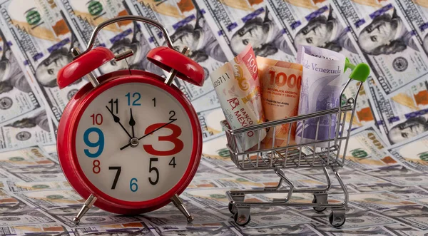 Latin Amerika ülkelerinden banknotlar - Meksika, Venezuela ve Arjantin - minyatür bir alışveriş arabasında 100 dolarlık banknotlara karşı