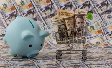 Minyatür bir alışveriş arabasında 1, 5 ve 10 dolarlık banknotlar ve arka planda 100 dolarlık banknotlar.