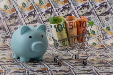 10, 50 ve 100 avroluk banknotlar bir alışveriş arabasında ve bir kumbarada 100 dolarlık banknotlara karşı.