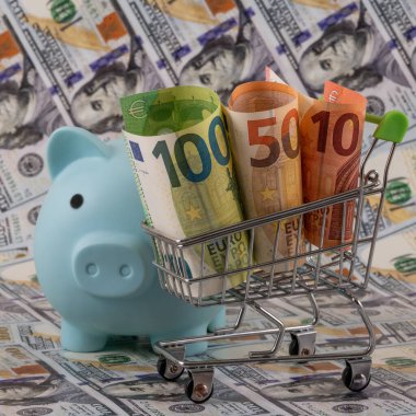 10, 50 ve 100 avroluk banknotlar bir alışveriş arabasında ve bir kumbarada 100 dolarlık banknotlara karşı.