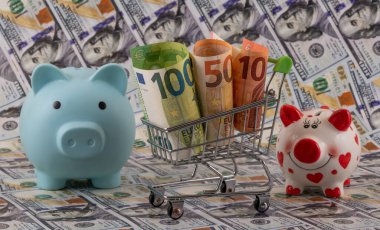 10, 50 ve 100 avroluk banknotlar bir alışveriş arabasında ve bir kumbarada 100 dolarlık banknotlara karşı.