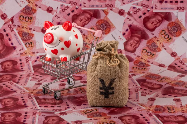 İçinde Çin Yuan sembolü olan bir para çantası 100 Yuan 'lık banknotlara karşı..