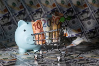 10, 20, 50 Avro 'luk banknotlar bir süpermarketten alınan minyatür alışveriş arabasının arka planında 100 Amerikan Doları' na karşılık geliyor.