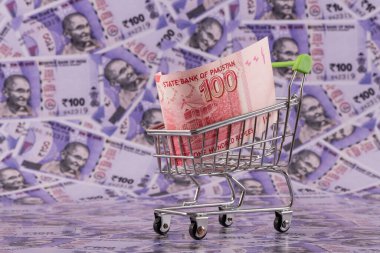 Minyatür bir süpermarket alışveriş arabasında 100 rupi. Arka planda 100 rupi var.