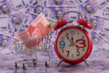 Minyatür bir süpermarket alışveriş arabasında 100 rupi. Arka planda 100 rupi var.