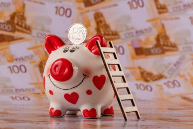 Bir domuz kumbarası ve üzerinde Rus rublesi sembolü olan bir sikke 100 Rus rublesinin arka planına karşı..