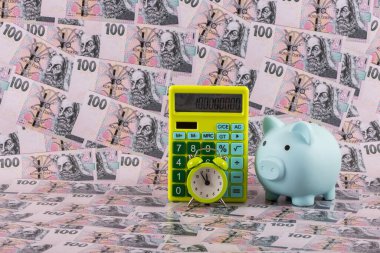 100 Çek kronu 'na karşılık bir kumbara ve hesap makinesi.