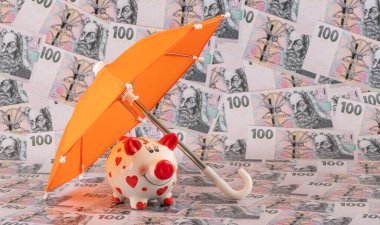 Turuncu bir şemsiye altında bir kumbara ve 100 Çek kronu banknotları..