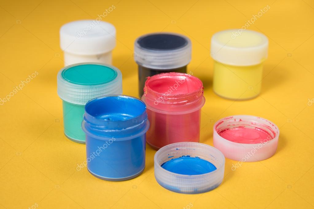 Download Opened Bottles Of Watercolor Paint On A Yellow Paper Stock Photo C Photostockman 104789796 Yellowimages Mockups
