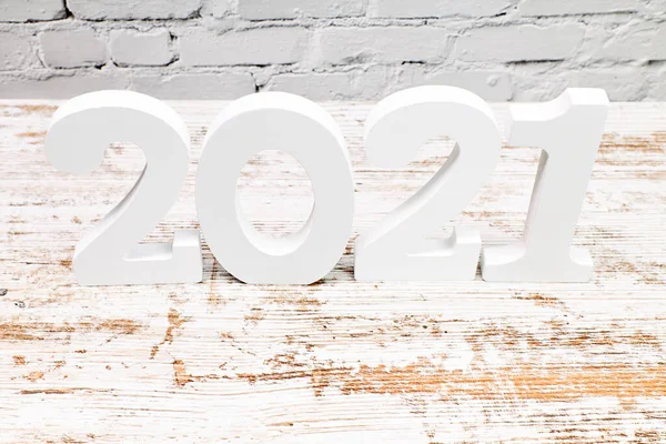 Número 2021 Tablero Con Fondo Ladrillo Blanco Feliz Año Nuevo — Foto de Stock