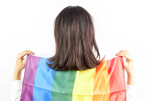 Vrouw Met Een Regenboogvlag Een Witte Achtergrond Concept Lgtb Horizontaal — Stockfoto