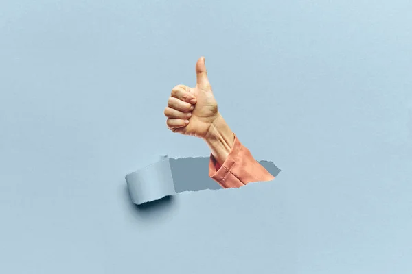 Woman Hand Appearing Torn Cardboard Gesture Concept Approval — Stock Photo, Image