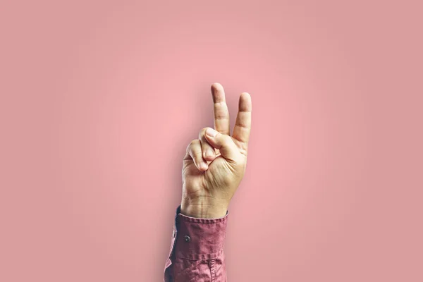 Man Arm Making Victory Gesture Hand Isolated Pink Background Gesture — Stock Photo, Image