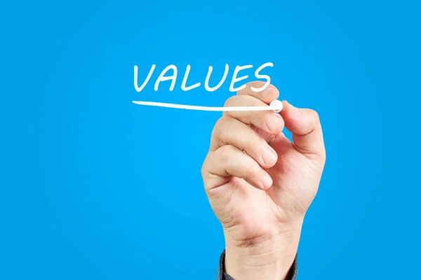 Hand Man Underlining Word Values Transparent Board Concept Values — Stock Photo, Image