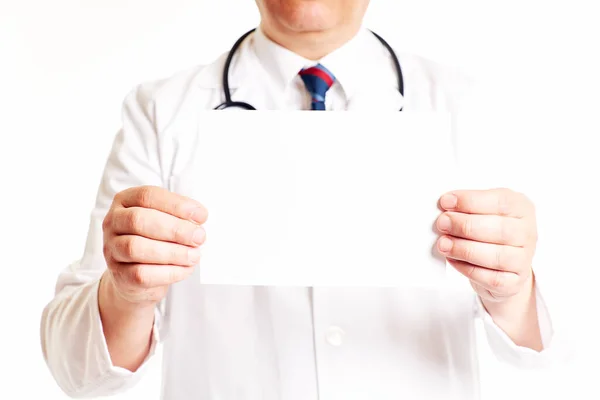 Doctor Stethoscope Holding Blank Cardboard Both Hands Health Care Concept — Stock Photo, Image