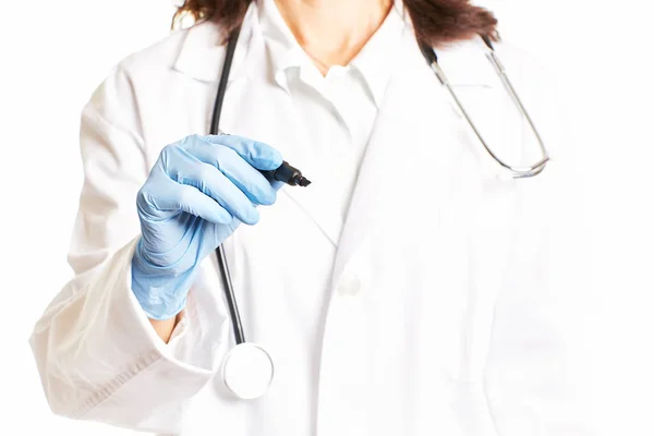 Female Doctor Blue Gloves Writing Front Translucent Blackboard Health Care — Stockfoto