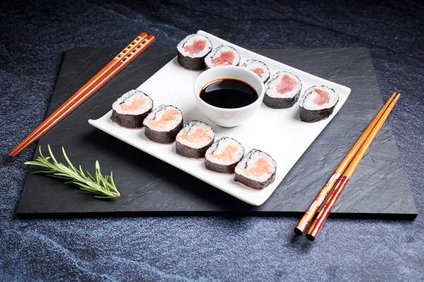 View Plate Sushi Its Wooden Chopsticks Asian Food Healthy Food Royalty Free Stock Photos