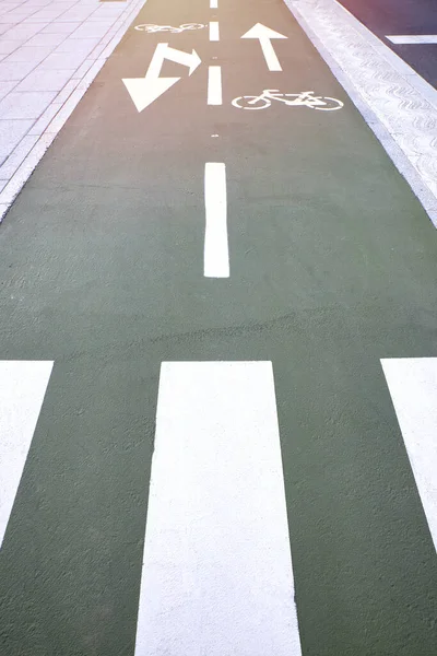 Green asphalt road inside the city for cycling. Concept of sport in the city, healthy life.