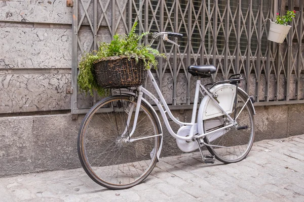 Witte fiets met rieten mand — Stockfoto