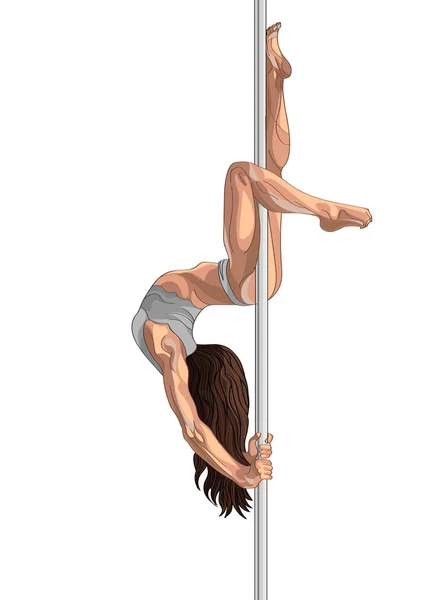 Pole-Tänzerin brünettes Mädchen, das an der Stange hängt. Frau macht einen Trick — Stockvektor