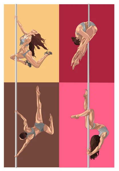 Set van pole dansers, brunette meisjes hangen op de staves. Vrouwen maken een tricks op het podium — Stockvector