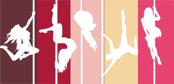 Uppsättning av pole dansare, brunett flickor hängande på stavar. Kvinnor gör ett trick på scenen — Stock vektor