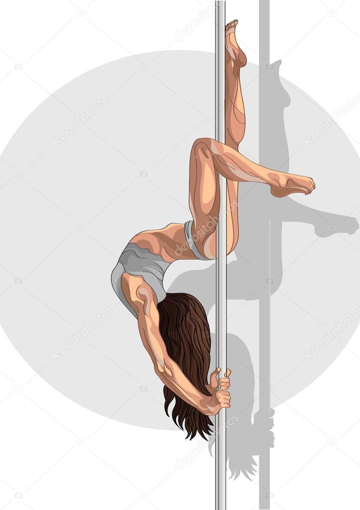 Pole dancer brunette girl hanging on the stave. Woman make a trick