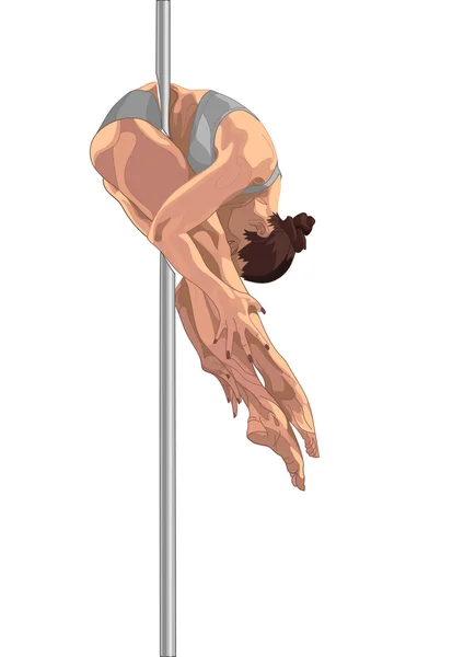 Pole dansare brunett flicka hängande på stav. Kvinna gör ett trick — Stock vektor