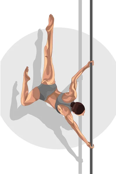 Pole-Tänzerin brünettes Mädchen, das an der Stange hängt. Frau macht einen Trick — Stockvektor