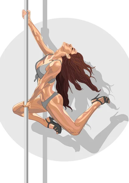 Pole danseuse brunette fille suspendue sur la portée. Femme faire un tour — Image vectorielle