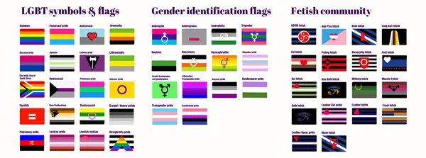 LMBT meleg zászlók, lapos vektoros illusztráció, pride homoszexuális pár. Nemek azonosítására és fétis Közösség zászlói — Stock Vector