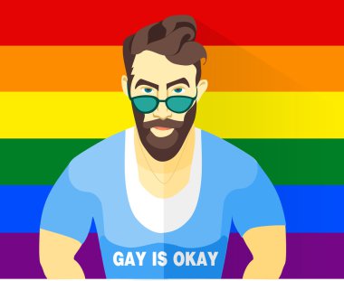 Gayler vektör çizim birkaç. Yakışıklı çocuk gömlek yazıt gay ile sorun değil. Ekmek hipster adam. Gökkuşağı gurur bayrağı arkasında. Vektör insanlar set.