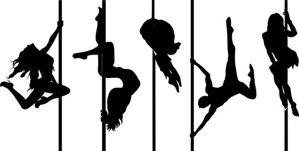 Uppsättning av silhuetter pol dansare, brunett tjejer hänger på bärstängerna. Kvinnor gör en tricks på scenen — Stock vektor