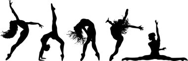Dans seksi güzel kadın siluetleri. Esnek kızlar. Akrobatik. Vector silhouettes kümesi