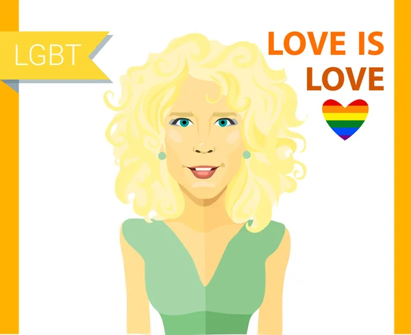 Gyönyörű göndör szőke lány LMBT jelvény. Melegek és leszbikusok pár vektoros illusztráció. Szlogen: szerelem, szeretet és a rainbow szív. Vektor emberek készlet. — Stock Vector