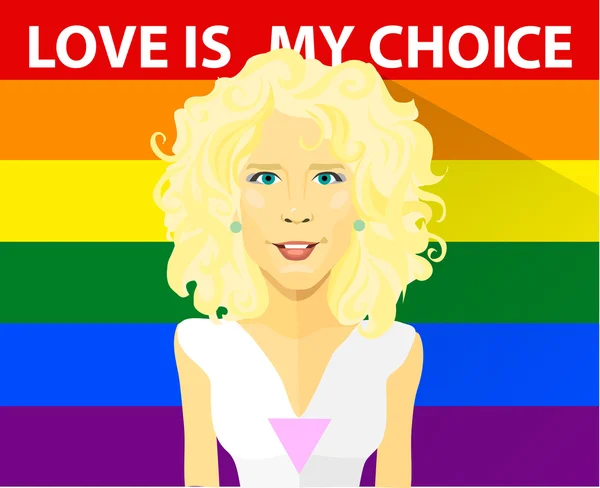 Красивая кудрявая блондинка в футболке ЛГБТ. Геи и лесбиянки - векторные иллюстрации. Лозунг любовь это мой выбор и радужный фон. Набор векторных людей . — стоковый вектор