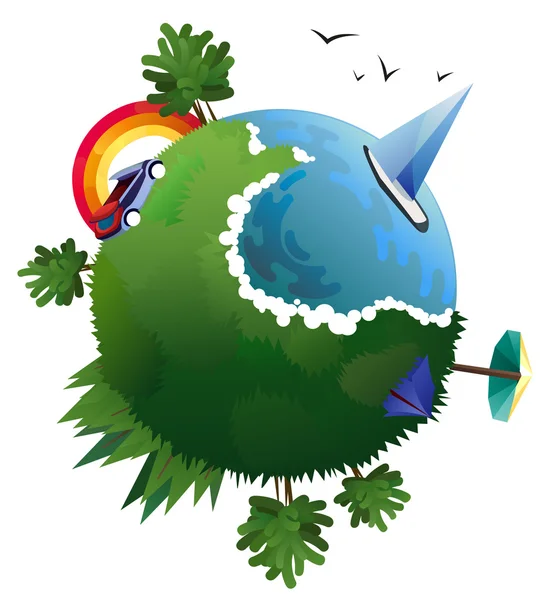 Векторная иллюстрация плоской композиции путешествия с зеленой планетой. Разнообразный пейзаж, север, радуга . — стоковый вектор