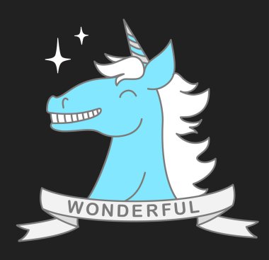 Mavi sevimli sihirli unicorn ile teyp ve başlık gri arka plan üzerinde harika başkanı vektör Illustration. Parti afiş, logo veya yama-rozet olmak için ince düz çizgi sanat tasarımı