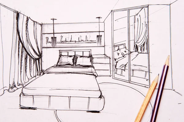 Interior sketches, bedroom, living room, kitchen. — Stock Photo, Image