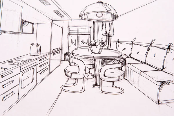 Interior sketches, bedroom, living room, kitchen. — Stock Photo, Image