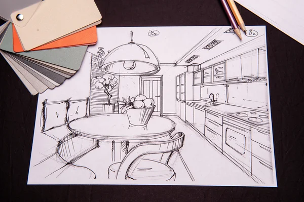 Interior sketches, bedroom, living room, kitchen. — Stock Photo, Image