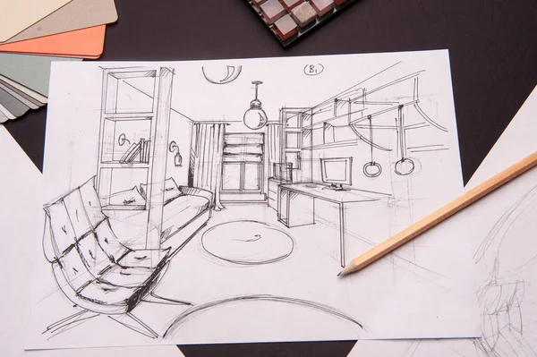 Interior sketches, bedroom, living room, kitchen. — Stock Photo, Image
