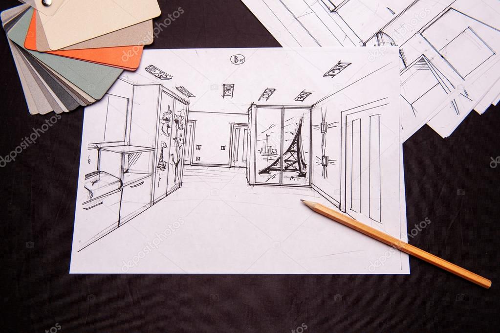 Interior sketches, bedroom, living room, kitchen.