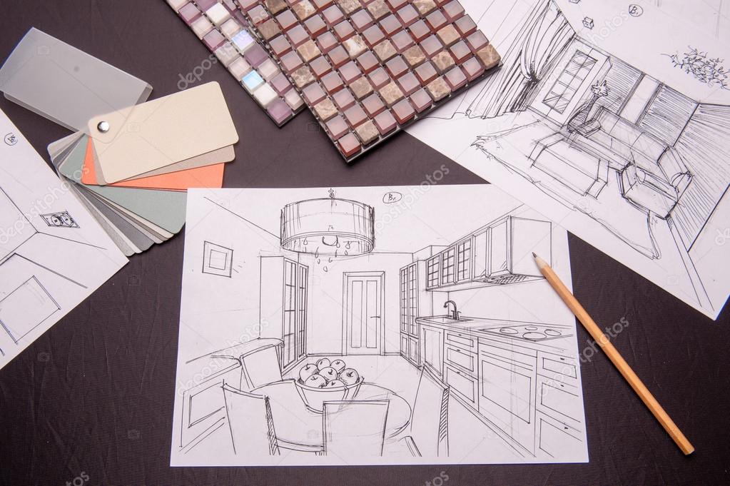 Interior sketches, bedroom, living room, kitchen.