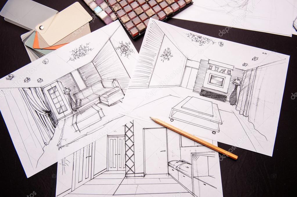 Interior sketches, bedroom, living room, kitchen.