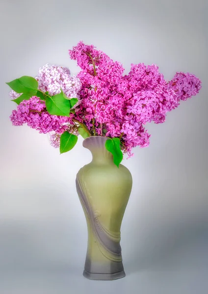 Groene Elegante Keramische Vaas Met Boomtakken Een Boeket Roze Paarse — Stockfoto