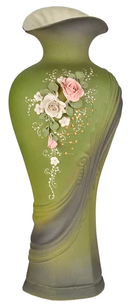Jarrón Esmerilado Cerámica Verde Con Adorno Pequeñas Flores Cerámica Aislado — Foto de Stock