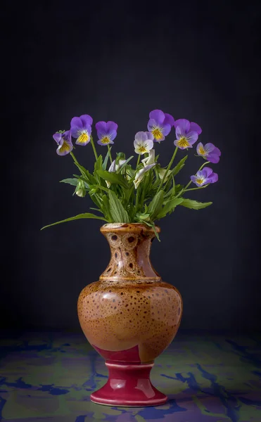 Liten Bukett Lila Och Gula Penséer Rund Vintage Vas Svart — Stockfoto